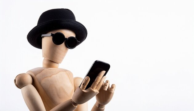 A wooden mannequin wearing sunglasses and a hat and is using a smartphone