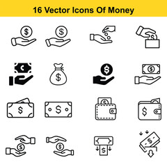 Fototapeta premium Sixteen Vector Icons of Money for Finance and Business