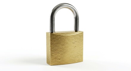 A close up shot of a gold colored padlock with a silver shackle on a plain white background surface