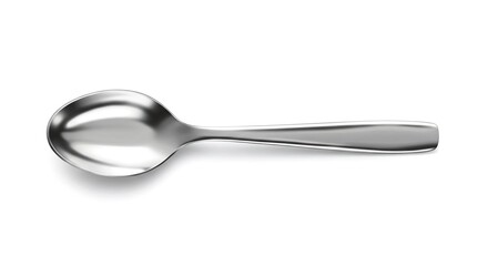 A shiny metal spoon laying horizontally on a white background with a subtle shadow underneath it