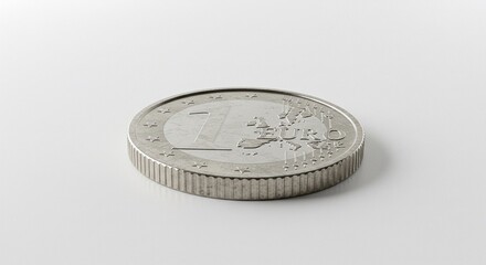 A close up shot of a euro coin with a white background and a textured coin edge detail visible clearly