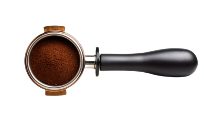 espresso portafilter with coffee grounds, ready for brewing. Close-up studio shot showing the details of the portafilter and the coffee grounds.