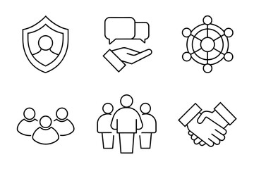 social network icon, icons of teamwork values: trust icon, communication bubble, accountability icon, collaboration hands, synergy icon, team spirit. 