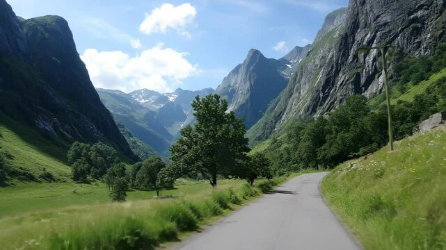 Scenic mountain valley landscape featuring a winding asphalt road, green meadows, and towering peaks with patches of snow under a blue sky.