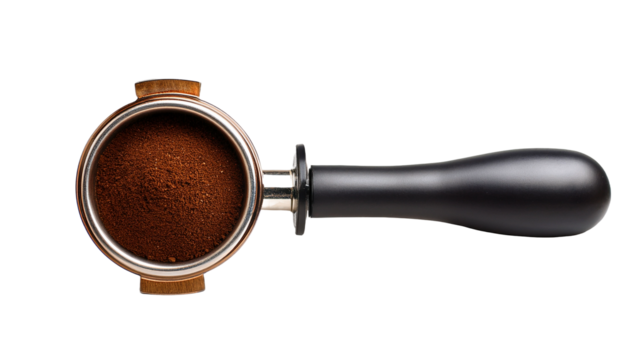 espresso portafilter with coffee grounds, ready for brewing. Close-up studio shot showing the details of the portafilter and the coffee grounds.