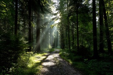 Obraz premium Radiant sunrays through lush forest trail in vibrant canvas 