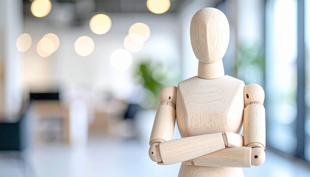 wooden mannequin stands confidently with arms crossed in an office setting, embodying professionalism and poise. The background office provides depth - Powered by Adobe