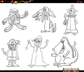 funny cartoon fantasy and fairy tale characters set coloring page