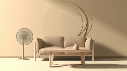 a minimalist living room interior design with a sofa, wooden coffee table, and a floor fan in a modern style