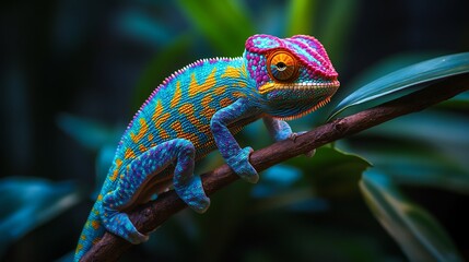 Mesmerizing neon colored chameleon changing colors on a tropical branch intricate scales reflecting vibrant hues