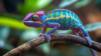 Mesmerizing neon colored chameleon changing colors on a tropical branch intricate scales reflecting vibrant hues