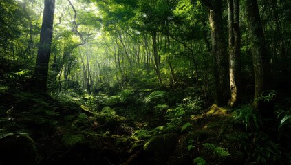 Obraz premium A lush, green forest landscape in a Japanese mountain forest