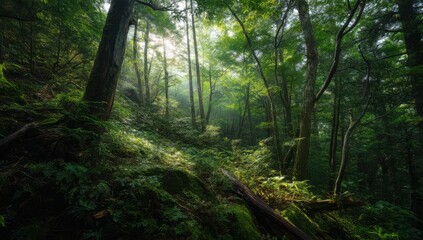 Obraz premium A lush, green forest landscape in a Japanese mountain forest