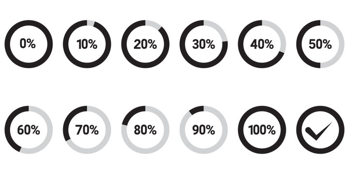 5 10 15 20 25 30 35 40 45 50 55 60 65 70 75 80 85 90 95 100 percent isolated circle chart set. Vector infographic icon for business, finance, web design, download, progress