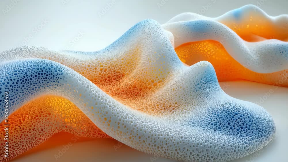 Wall mural Abstract texture resembling waves with orange and blue bubbles, creating a modern design effect.