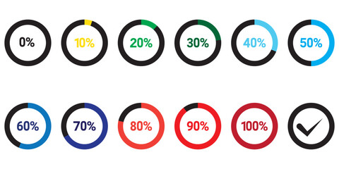 Set of round blue infographic pie charts, template segment of circle icons 0% - 100%, simple flat design loading data interface elements app button ui ux web, vector isolated on white background