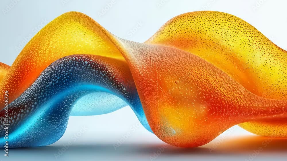 Wall mural A vibrant wave of color blending orange, blue, and yellow with a smooth surface showcasing droplets of water, creating a dynamic visual effect.