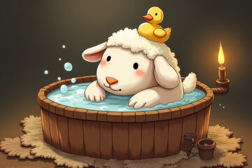 Charming Hand-Drawn Sheepdog in Wooden Hot Tub Scene with Rubber Duck and Candlelight Glow