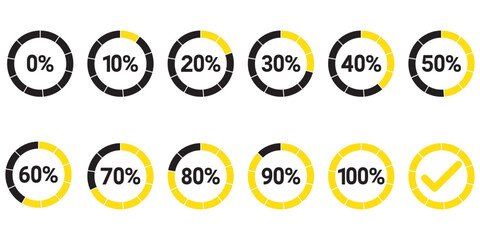 Set of round blue infographic pie charts, template segment of circle icons 0% - 100%, simple flat design loading data interface elements app button ui ux web, vector isolated on white background