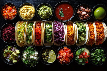 Vibrant taco bar overhead shot. Assorted tacos, fillings, toppings on black. Perfect for Cinco de Mayo, food blogs, restaurant menus, and culinary promotions.