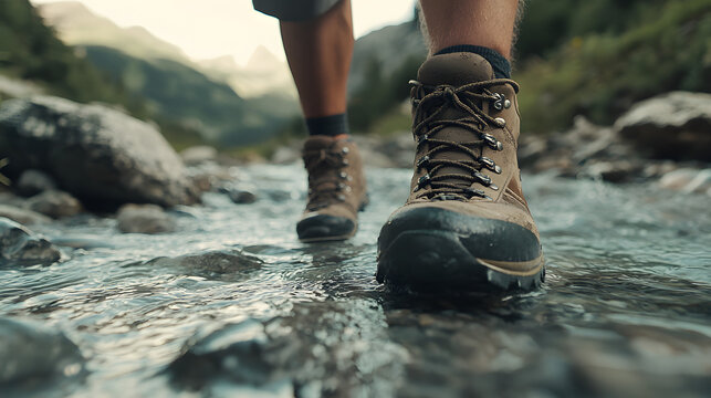 View from mountains - Hiking hiker traveler landscape adventure nature outdoors sport background panorama - Close up of feets with hiking shoes from a man or woman walking in the river