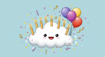 Happy Cloud Birthday Cake - Adorable cartoon cloud shaped like a birthday cake with lit candles and balloons. Perfect for celebrations