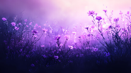 Purple flowers blooming in a dark and misty meadow at twilight, purple, foliage, twilight. Twilight Bloom. Illustration