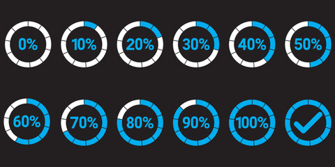 Circle loading or circle progress collection. Set of circle percentage diagrams for infographics 0 10 20 30 40 50 60 70 80 90 100 percent in yellow color. Vector infographics set.