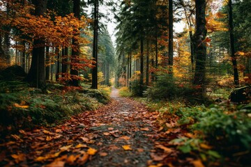 Path meanders through woodland during autumnal season, fallen leaves scattered on trail, forest scenery background