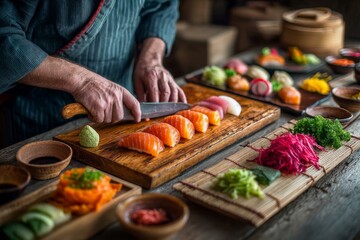 Obraz premium Chef preparing and cutting fresh sushi with knife on wooden board at rustic counter, traditional Japanese cuisine