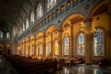 Obraz premium Sunlit cathedral with dynamic stained glass windows design canvas 