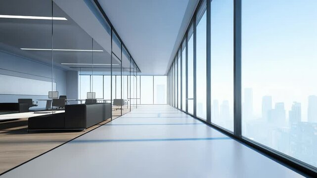 Wide, slightly high-angle shot of a bright, modern office interior. Glass-walled offices and meeting rooms line a long corridor with large windows overlooking a city skyline