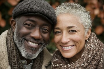 Fototapeta premium Intimate portrait of a smiling mature African American man and woman with grey hair wearing cozy scarves