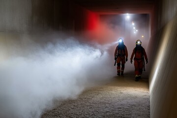 Firefighters advance cautiously into tunnel obscured by rising smoke, wearing protective gear and headlamps for safety.