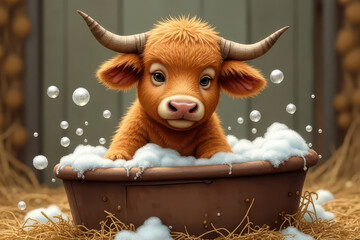 Adorable Baby Bison in Rusty Tub: Cozy Barnyard Art with Hay, Foam & Vintage Hues