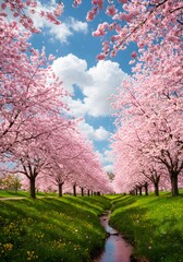 Naklejka premium Stunning Cherry Blossom Trees Lining a Stream Under a Blue Sky with Clouds Spring Scenery.