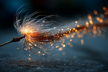 Burning Stick Emitting Golden Sparks on Dark Surface, Abstract Glowing Light Effect, Fireworks Celebration Theme