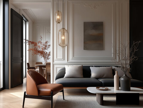 Aesthetic beautiful elegant  modern luxury interior design. Clear mock up empty wall for decoration in the apartment, painting frame. Copy space in the room.