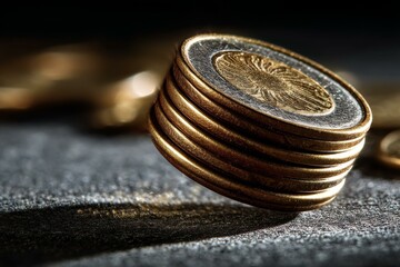 Stacked golden coins with silver center on rough gray surface, finance and banking, macro close-up shot