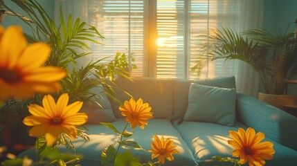 Cozy living room with sunlight and flowers