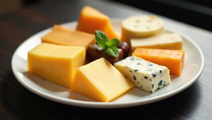 Elegant cheese plate, assorted cheeses on white , white, isolated, delicious