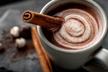 Cozy cup of rich hot chocolate with frothy swirls, enhanced with a fragrant cinnamon stick and delicate chocolates.