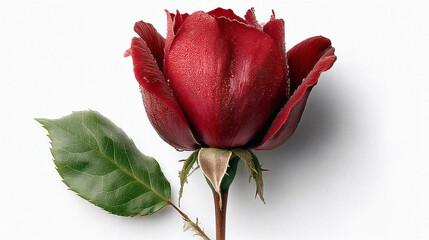 Red Rose with Dew Drops on Petals and Stem Isolated on White Background
