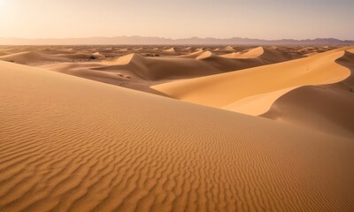 Expansive Desert Landscape with Rolling Sand Dunes and Distant Mountains
