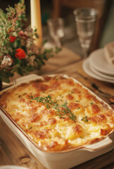 Vertical creamy scalloped potatoes on dinner table