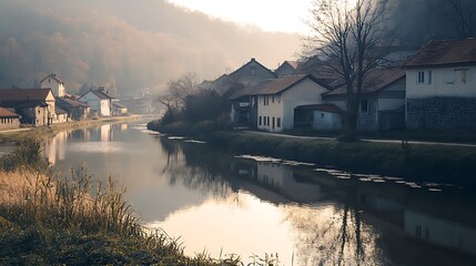 Fototapeta premium Misty morning in a quaint European village by a river.