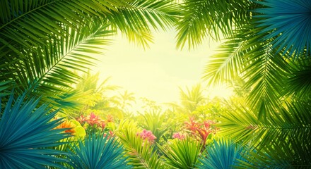 Lush Tropical Paradise - Vibrant tropical foliage creates a lush, sun-drenched frame, perfect for travel, vacation, or nature themes