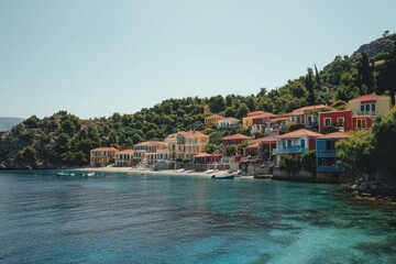 Obraz premium Beautiful view of the colorful buildings and clear blue water in Assos, Kefalonia island, Greece Generative AI