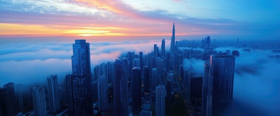 Fototapeta premium Cityscape in dense fog aerial view sunrise haze modern architecture