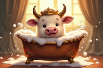 Fototapeta premium Fluffy Highland Cow Soaking in Vintage Copper Tub: Dreamy Pastel Cartoon Aesthetic